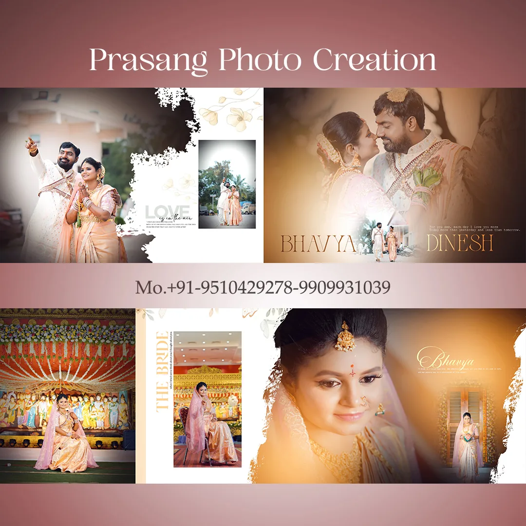 Creative wedding album layout with elegant couple photography