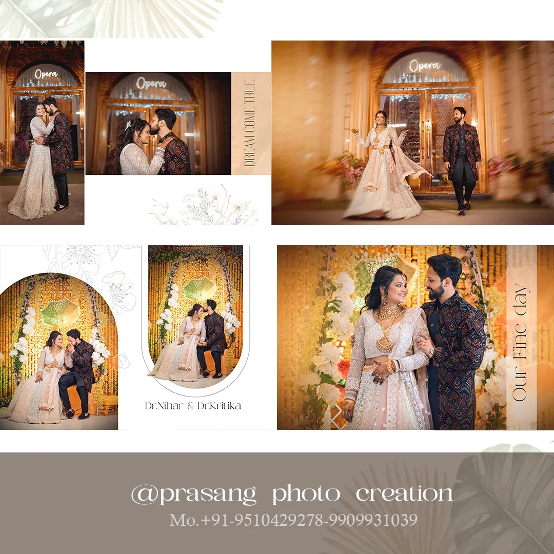Elegant wedding album spread featuring bride and groom portraits