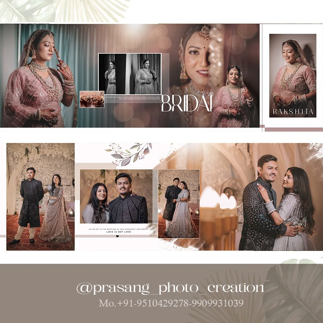 Contemporary wedding album layout with clean typography and photo storytelling